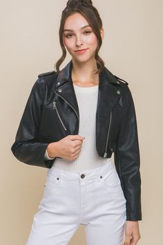 Add an edge to your look with the PU Faux Leather Moto Crop Jacket, featuring a cropped design and moto-inspired details. Perfect for pairing with high-waisted bottoms. Fabric Contents 100% POLYURETHANE Fall Biker Cropped Jacket With Zipper Closure, Spring Faux Leather Biker Jacket, Trendy Faux Leather Jacket With Zip Fly, Moto Faux Leather Outerwear With Zipper Closure, Casual Faux Leather Biker Jacket With Zipper, Moto Outerwear With Zipper Closure In Faux Leather, Moto Outerwear With Zipper In Faux Leather, Casual Faux Leather Outerwear With Zip Fly, Casual Faux Leather Biker Jacket With Zip Closure