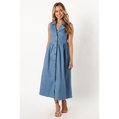 This midi dress in steel blue is the perfect addition to your wardrobe! It's designed with functional button down close and a collard v neckline. Featuring an elasticized waist for extra comfort. Petal And Pup, V Neckline, Steel Blue, Jumpsuit Dress, Sleeve Styles, Fitness Fashion, Fabric Weights, Dress Outfits, Target