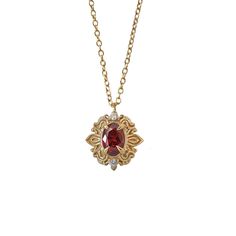 In the heart of this exquisite Faith necklace, a crimson spinel nestles, a gem of nature's tender artistry. Embraced by delicate scroll-like motifs, each curve whispers tales of timeless elegance, bestowing upon it a vintage flair that dances with the echoes of ages past. Pendant is made in 14K solid gold, and hanged on a gold-filled chain. 14k solid gold Natural red spinel, 6x4mm Natural diamonds 16" or 18" gold-filled chain. Model is wearing 18" gold-filled chain Chain remain gold-filled for a 14K solid gold pendant ** This item is specially made for you. Please allow 1-2 week lead time. Shipping:Domestic: Free standard shipping within the U.S.International: Free standard shipping for orders over $200Online Return Policy:If you are not completely satisfied with your purchase, we're here Exquisite Red Necklace For Gift, Elegant Yellow Gold Garnet Necklace, Elegant Red Birthstone Jewelry, Elegant Oval Garnet Necklace, Red Filigree 14k Gold Jewelry, Red 14k Gold Filigree Jewelry, Red Garnet Oval Pendant Necklace, Exquisite Red Pendant Necklace, Elegant Red Flower Pendant Jewelry