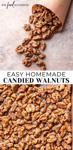 homemade candied walnuts in a brown paper bag with the words easy homemade candied walnuts