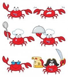 cartoon crabs with different expressions and food items