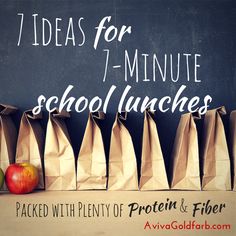 an apple and some brown paper bags with the words 7 ideas for 1 - minute school lunches