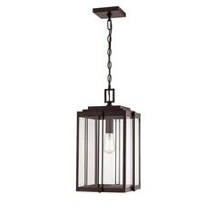 an outdoor hanging light fixture with a glass cage on the front and back end,