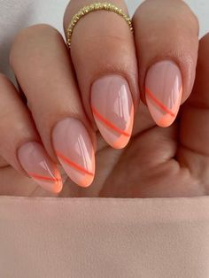 Summer French Nails, Orange Nail Designs, Orange Nail, Peach Nails, Almond Nails Designs, Oval Nails, Orange Nails, Minimalist Nails