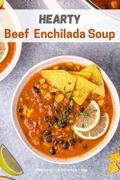 two bowls of hearty beef enchilada soup with tortilla chips