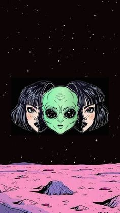 two people are looking at an alien face in the space with mountains and stars behind them