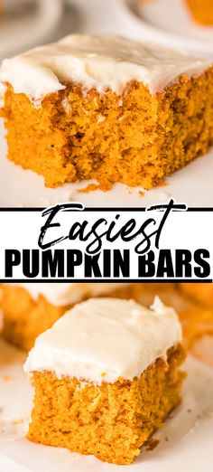 two pieces of pumpkin bars with frosting on top