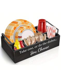 there is a tray with dishes and cups in it that says take one, or do the dishes you choose