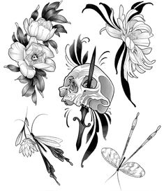 an ink drawing of flowers and skulls