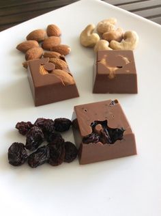 nuts, chocolate and raisins are on a white plate next to each other