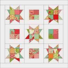 the star quilt pattern is shown in red, green and orange colors with different designs