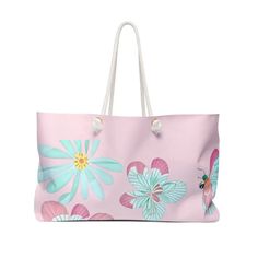 Floral Frenzy: the Oversized Polyester Weekender Bag - Bags Functional Large Capacity Pink Weekender Bag, Pink Large Capacity Weekender Shoulder Bag, Rectangular Travel Bag With Floral Print, Multicolor Floral Print Beach Bag, Floral Print Double Handle Travel Bag, Bag For Travel, Quick Getaway, Pink Backdrop, Thick Rope