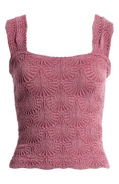 A raised floral pattern brings texture to a knit cami topped with scalloped straps. 18 1/2" length (size Medium/Large) Square neck 47% nylon, 47% modal, 6% spandex Machine wash, dry flat Made in the USA Fitted Pointelle Knit Camisole, Fitted Pointelle Knit Camisole For Summer, Summer Feminine Textured Tops, Textured Feminine Summer Tops, Feminine Textured Summer Tops, Textured Stretch Sleeveless Tops, Fitted Sleeveless Textured Top, Fitted Textured Sleeveless Top, Textured Fitted Sleeveless Tops