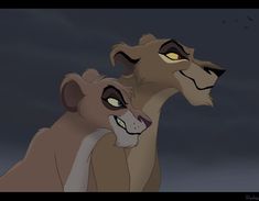 two lions with yellow eyes standing next to each other on a dark night sky background