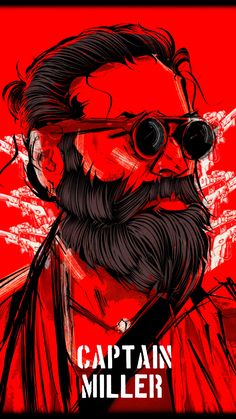 a man with glasses and a beard in front of a red background that says captain miller