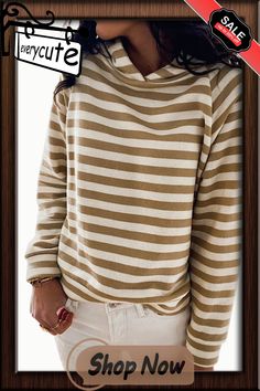 Striped Loose Pullover Hooded Sweatshirt Beige Hoodie Top For Fall, Fall Beige Hoodie Top, Beige Hoodie With Drawstring Hood, Beige Long Sleeve Top With Drawstring Hood, Loose Pullover, Outerwear Women, Hooded Sweatshirt, Hooded Sweatshirts, Fall Winter