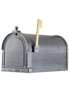 a mailbox with a wooden stick sticking out of it's top and the letter u s mail