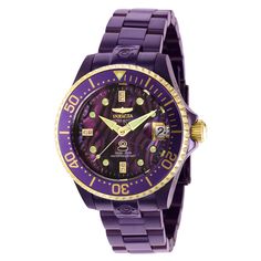 This incredible Invicta watch from the Pro Diver collection offers an exact Automatic movement, with an incredible 0.0252 carats of authentic diamonds, and a sophisticated purple, gold case. The face displays a purple, abalone dial protected by our proprietary Mineral Crystal. The design is completed by a purple, band. This timepiece can resist water for up to 300 m. Plunge into any horizon using the steadfast guidance of the Invicta Pro Diver. Stylishly classic, internal workings are forged wit Modern Purple Watch With Round Dial, Luxury Purple Watch For Formal Occasions, Luxury Purple Watches For Formal Occasions, Purple Quartz Watch Accessory With Round Dial, Purple Analog Watch, Watches 2022, Invicta Pro Diver, Purple Cases, White Watch