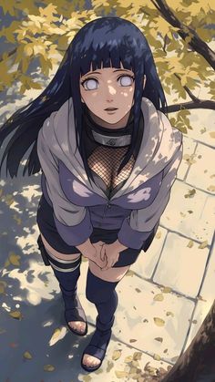 an anime character with long black hair and blue eyes walking down a sidewalk next to a tree