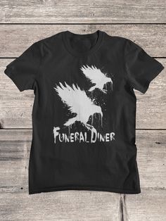 Funeral Diner T-Shirt. Funeral Diner was a screamo band from Half Moon Bay, California, located near San Francisco. Our Shirts, hoodies and tanks have been carefully chosen after many years of testing, they are semi fitted around the chest and arms, and therefore give a complimentary look, but they also come in a nice length, Our shirts can be washed many times and the print will not fade, so you can enjoy your product for many years to come.  Your Order will be shipped from the country closest Halloween Crew Neck Tops With Band Logo, Grunge Shirt With Band Logo For Fans, Halloween Band Merch Tops With Band Logo, Halloween Band Merch Top With Band Logo, Band Merch Tops With Band Logo For Halloween, Band Logo Merch Tops For Halloween, Grunge Band Logo Tops For Halloween, Grunge Tops With Band Logo For Halloween, Screamo Bands