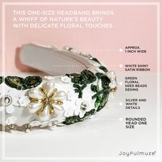 Elevate your style with this exquisite Handmade Beaded Headband, crafted with acrylic and glass beads. The white headband features a stunning gold, silver, and green floral design, making it an ideal accessory for bridal parties and weddings. The one-inch width ensures a perfect fit for all, and the shimmery satin ribbon adds both comfort and elegance. This headband is a masterpiece designed in Florida by Joyfulmuze and handmade in India. Green Floral Design, Headband For Women, Floral Headband, Bridal Parties, Beaded Headband, White Headband, Floral Headbands, Headbands For Women, Satin Ribbon