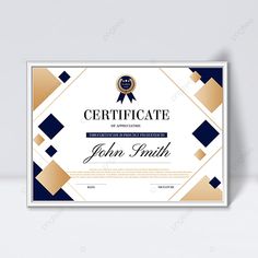 a certificate is shown with gold and blue squares on it, as well as a white background