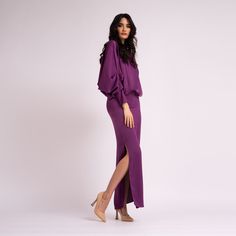 Deep purple dress with deep 'V' neckline and long flared sleeves. Dry clean only. Composition: 60% POLYESTER 40% VISCOSE Deep Purple Dress, Summer Color Palette, Draped Neckline, Brand Magazine, Modern Urban, Blazer With Jeans, Fashion Jewellery, Independent Designers Fashion, Purple Dress