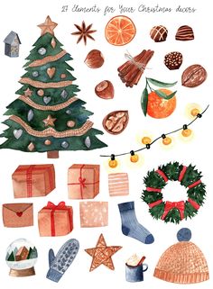 watercolor christmas clipart set with presents, gifts and decorations for the holiday season