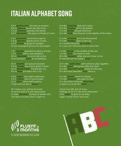 the italian alphabet song is shown in green and red, with an image of a flag on