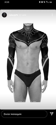 a man wearing a black and white bodysuit with an intricate design on his chest