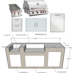 an outdoor kitchen is shown with all the necessary accessories to build it and also have built - in grills