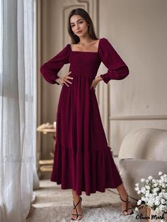 Olivia Mark - Stylish High-Waisted Long Sleeve A-Line Dress with Mandarin Collar and Ruffled Hem Velvet Sheath Dress, Long Fitted Dresses, Long Sleeve Fitted Dress, Blue Velvet Dress, Crop Top Dress, Floral Print Maxi Dress, Long Sleeve Short Dress, U Neck, Long Sleeve Bodycon