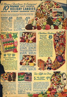 an old advertisement for holiday candies from the 1950's, with pictures of candy