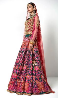 Emerald Green Wedding Lehenga Choli with Pink and Orange Embroidery Wedding Sharara In Raw Silk With Multicolor Embroidery, Wedding Sharara In Multicolor Embroidered Raw Silk, Wedding Multicolor Embroidered Raw Silk Sharara, Multicolor Lehenga With Dabka Work For Reception, Multicolor Dabka Work Lehenga For Reception, Pink Raw Silk Lehenga With Dabka Work, Multicolor Lehenga With Dabka Work For Wedding, Wedding Choli With Multicolor Embroidery And Dabka Work, Pink Embroidered Fabric With Dabka Work For Reception