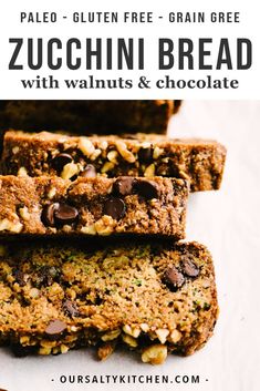 two slices of zucchini bread with walnuts and chocolate are stacked on top of each other