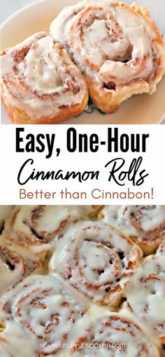 cinnamon rolls on a plate with the title