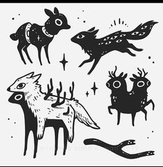 some black and white drawings of animals