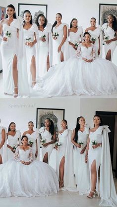 the brides are posing for pictures in their wedding gowns and dresses with long sleeves