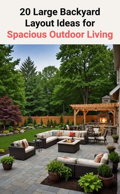 an outdoor living area with couches, tables and fire pit in the middle of it