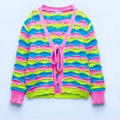 Premium Quality Open Knit Crochet, In Beautiful Contrasting Colors: In Pastel Pink, Turquoise , Acid Yellow Sz S Loose Fit Multicolor Open Knit Spring Cardigan, Spring Multicolor Open Knit Cardigan, Multicolor Knit Beach Cardigan, Colorful Knit Spring Cardigan, Multicolor Knit Cardigan For The Beach, Colorful Knit Cardigan For Spring, Summer Knitted Pink Sweater, Colorful Knitted Spring Cardigan, Multicolor Open Knit Spring Sweater