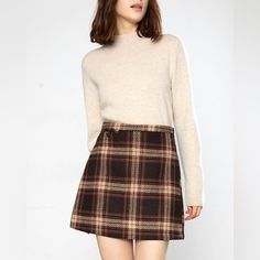 Brand New, Never Worn, With Tags. Brown Tweed Plaid Skirt Skort, Size Medium. Fits More Like A Small. Zipper In The Back. Length: 16.1” Waist: 27.6” Hip: 37.4” 58% Polyster, 42% Wool Business Casual Mini Skirt, How To Style Brown Plaid Skirt, Plaid Skirt Outfit Fall, Brown Plaid Skirt Outfit, Plaid Skirt Brown, Checked Skirt Outfit, Wool Skirt Outfit, Brown Skirt Outfit, Tartan Skirts