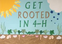 a bulletin board that says get rooted in 4 - h with carrots and lettuce