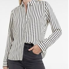 H&M White & Black Vertical Striped Button Down Shirt With Silver Buttons Size 10 Casual Striped Blouse For Business Casual, H&m Button-up Blouse With Button Closure, Chic Button-up Shirt By H&m, Chic H&m Button-up Shirt, Chic H&m Shirt With Button Closure, Trendy H&m Tops For Work, Classic H&m Blouse With Button Closure, Trendy Button-up Blouse By H&m, Trendy Button-up H&m Blouse