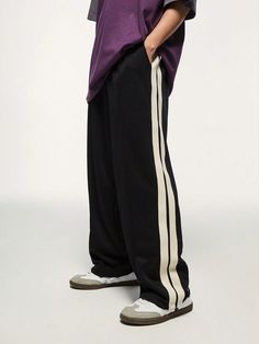 Men's Vintage Style Ribbed Waistband Loose Fit Casual Pants Black Casual   Fabric Striped Wide Leg Slight Stretch All Men Clothing, size features are:Bust: ,Length: ,Sleeve Length: Black Track Pants Outfit, Wide Leg Athletic Pants, Men Track Pants, Track Pants Outfit, Men's Retro Style, Track Pants Mens, Pants Outfit Men, Drawstring Waist Pants, Joggers Outfit