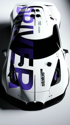 the front end of a white and purple sports car with its hood up, on a gray background