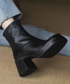 Fashion Zippered Splicing Chunky Heel Boots Black Faux LeatherMade of:-Faux Leather Upper.-OX Tendon sole- cushioned insole.2.55"/6.5cm Chunky Heel Heel Boots Black, Chunky Heel Boots, Blue Peter, Chunky Heels Boots, Black Heel Boots, Denim Patchwork, Denim Coat, Heel Boots, Nike Outfits