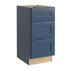 a blue cabinet with two drawers on the bottom and one drawer open, in front of a white background