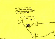 a yellow post - it note with a drawing of a dog saying, oh his absolutely yes no i did have to idea what i am doing or where i'm going in life