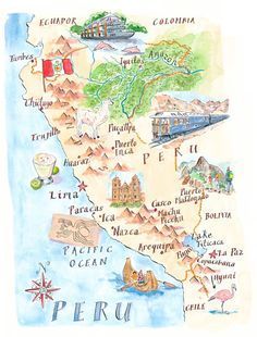 a watercolor map of peru with all the major cities and towns in each country