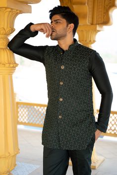 Emerald green handwork bundi with detailed cutdana and French knot embroidery. Paired with a monotone kurta and pant.
Components: 3
Pattern: Embroidered
Type Of Work: French Knot,Cutdana
Neckline: Band
Sleeve Type: Full
Fabric: Suiting,Chanderi silk
Color: Green
Other Details: 
Front buttons
Hand work
Occasion: Wedding - Aza Fashions Designer Nehru Jacket With Cutdana In Traditional Drape, Designer Nehru Jacket With Intricate Embroidery For Festive Occasions, Green Nehru Jacket With Resham Embroidery For Transitional Season, Designer Nehru Jacket With Cutdana For Festive Occasions, Designer Nehru Jacket With Zari Work For Festive, Festive Designer Nehru Jacket With Cutdana, Designer Green Kurta For Festive Occasions, Designer Festive Nehru Jacket With Zari Work, Green Nehru Jacket With Resham Embroidery For Diwali